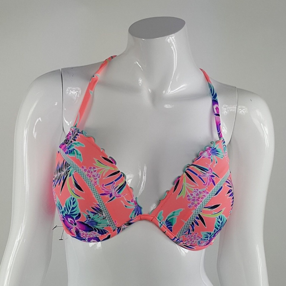 Shade and Shore Neon Pink Floral Ruffle Bikini Top